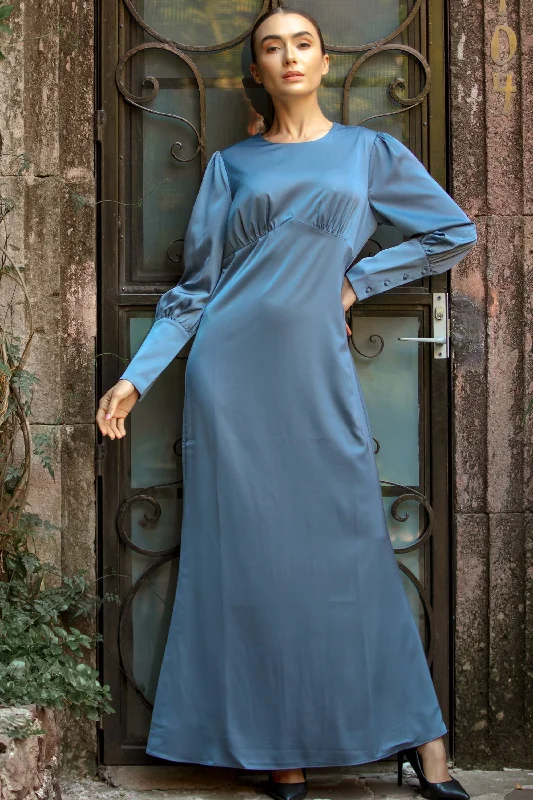 Light Blue Satin Long Sleeve Maxi Dress Stylish Maxi Dress with Pleats