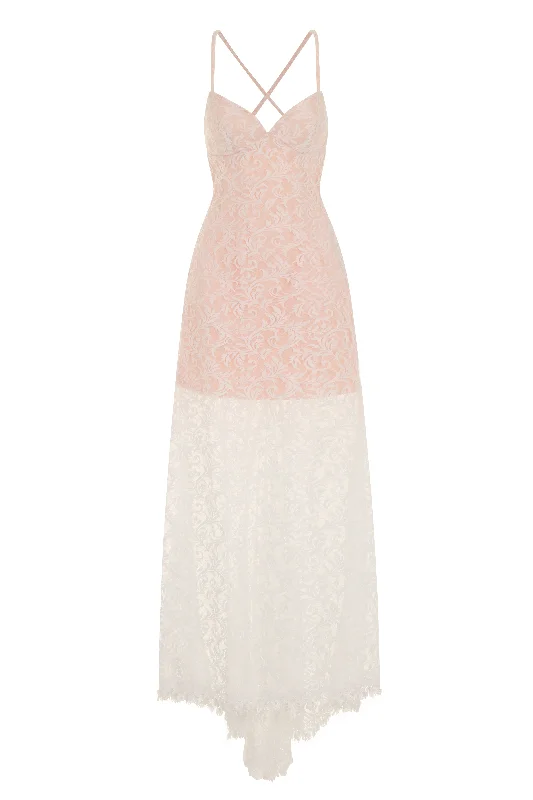 Lilly White Nude Sheer Lace Applique Fishtail Maxi Dress Elegant Maxi Dress with Lace