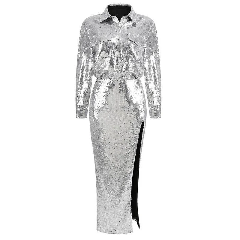 Linda Long Sleeve Sequin Two Piece Maxi Dress Classic Strapless Maxi Dress