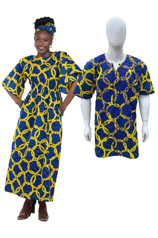 Long Maxi Dress Bell Sleeves & African Embroidered Dashiki Shirt(Pack of 2 pcs)