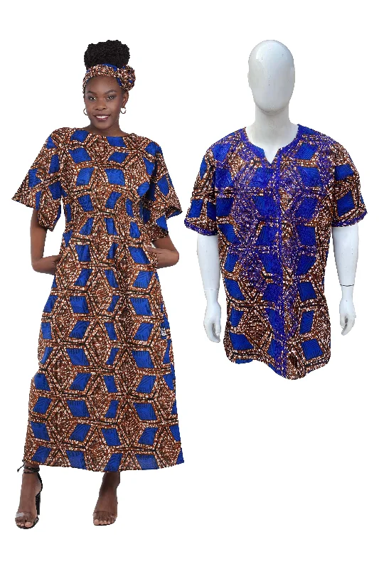 Long Maxi Dress Bell Sleeves & African Embroidered Dashiki Shirt(Pack of 2 pcs)