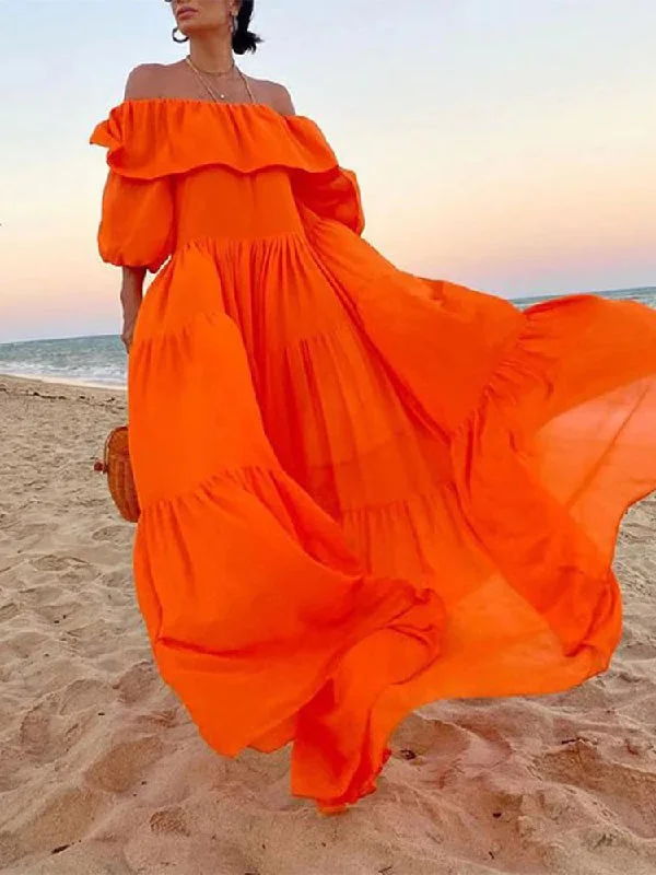 Zjkrl - Loose Puff Sleeves Pleated Solid Color Off-The-Shoulder Maxi Dresses