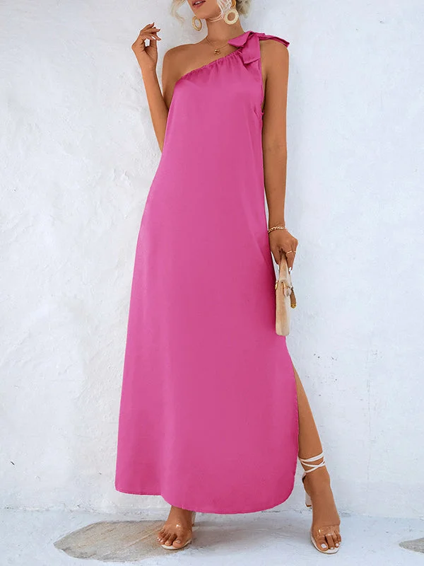 Zjkrl - Loose Sleeveless Solid Color One-Shoulder Maxi Dresses