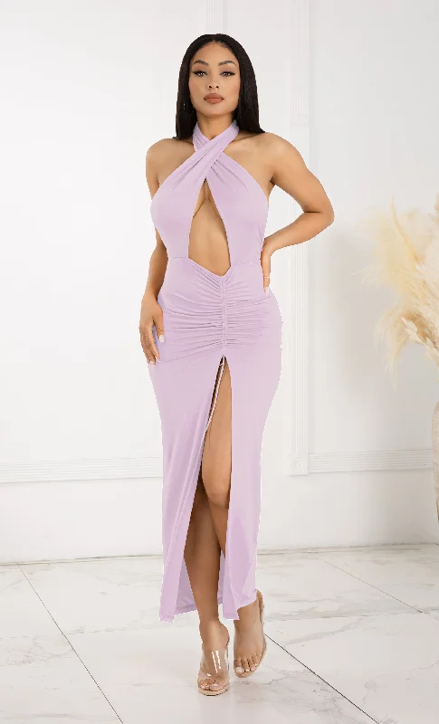 Love Without Hesitation Purple Casual Keyhole Cut Out Cross Twist Halter Neck Sleeveless Ruched Slit Front Maxi Dress Comfortable Cotton Maxi Dress
