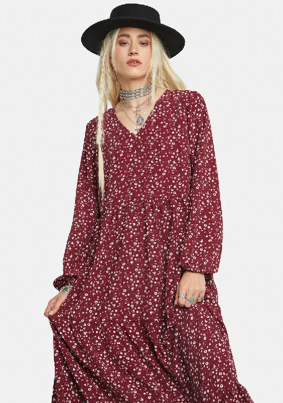 Maroon Ditsy Floral Print Maxi Dress Cozy Ribbed Maxi Dress