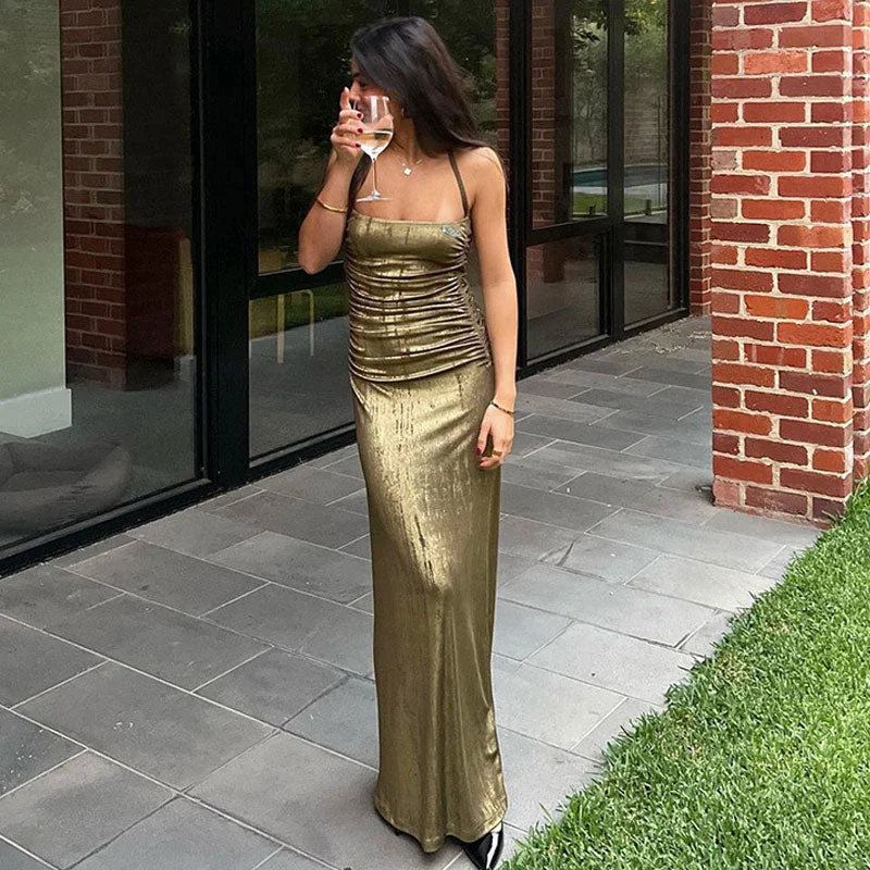 Metallic Ruched Halter Neck Sleeveless Bodycon Maxi Dress - Olive Green Comfortable Maxi Dress with Slits