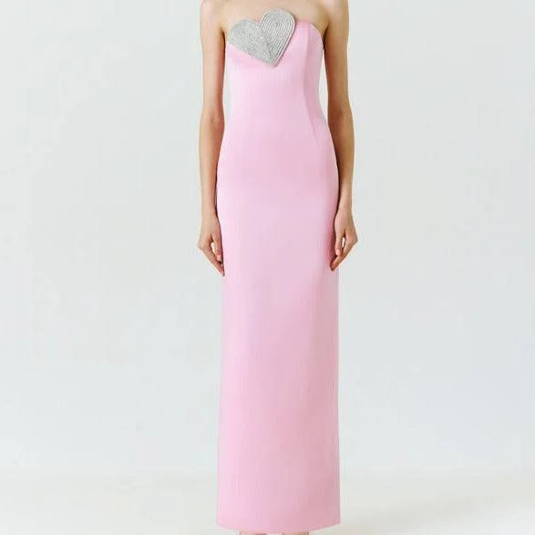 Millie Strapless Heart Embellished Cady Column Maxi Dress Elegant Silk Maxi Dress