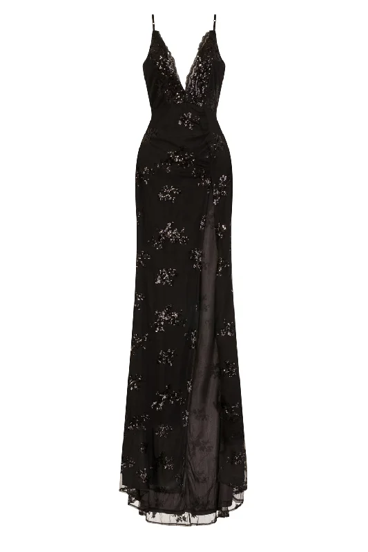 Montana Black Plunge Floral Sequin Thigh Slit Mermaid Maxi Dress Elegant Boho Maxi Dress Montana Black Plunge Floral Sequin Thigh Slit Mermaid Maxi Dress Elegant Boho Maxi Dress