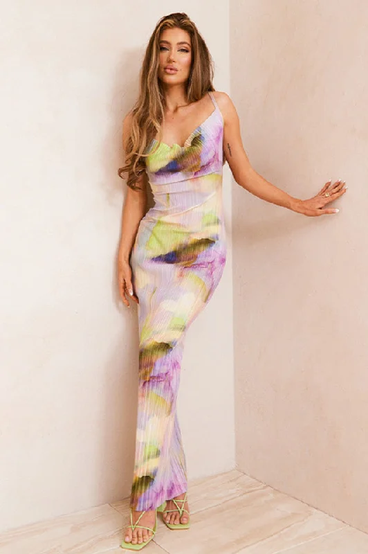 Multi Watercolor Plisse Strappy Maxi Dress Stylish Maxi Dress with Pleats