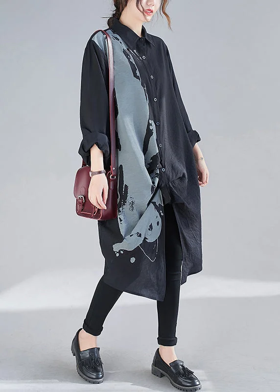 Natural Black Oversized Print Cotton Maxi Dresses Fall Comfortable Long-Sleeve Maxi Dress