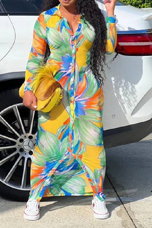 Natural Print Classic Single Breasted Maxi Dress Trendy Button Front Maxi Dress
