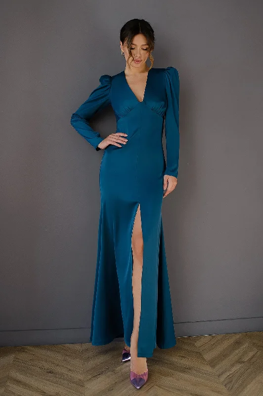Navy V-neck Puff Sleeve Maxi Dress Comfortable Plunging Neckline Maxi Dress
