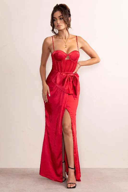 Odette | Red Satin Sweetheart Corset Bow Detail Maxi Dress