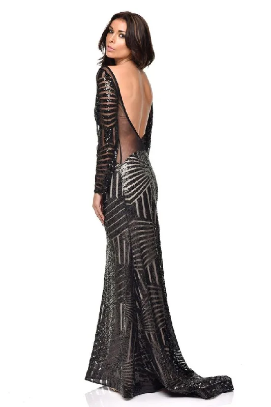 Penelope Black Geometric Sequin Backless Mesh Fishtail Maxi Dress Cozy Ruffle Sleeve Maxi Dress