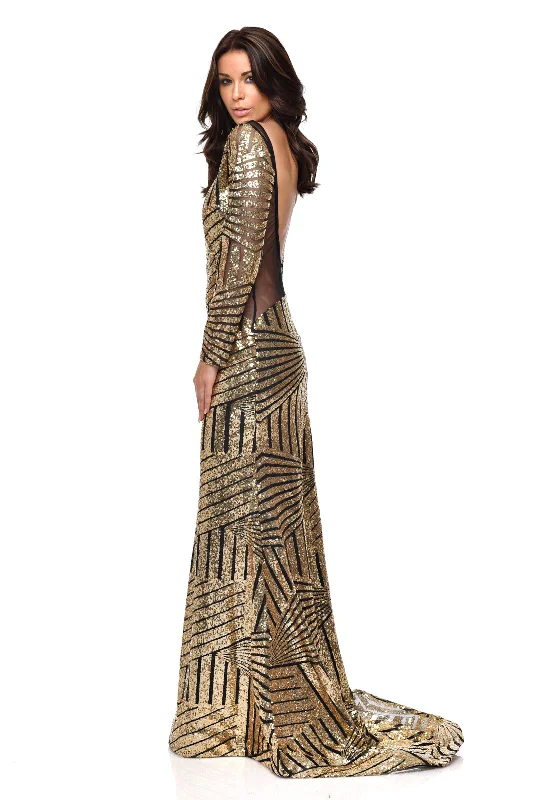 Penelope Gold Geometric Sequin Backless Mesh Fishtail Maxi Dress Comfortable Fitted Maxi Dress