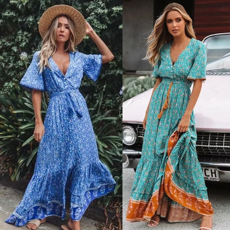 Retro Maxi Dress Women Summer Short Sleeve V neck High waist Dress Floral Print Boho Beach Long Dress Trendy Maxi Dress with Straps