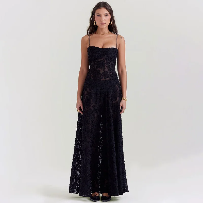 Romantic Sleeveless Lace Up Floral Jacquard Sheer Mesh Slip Maxi Dress Fashionable Faux Wrap Maxi Dress