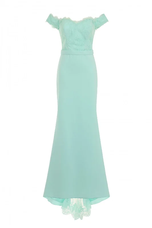 Ruby Mint Off The Shoulder Lace Fishtail Maxi Dress Cozy Ribbed Maxi Dress
