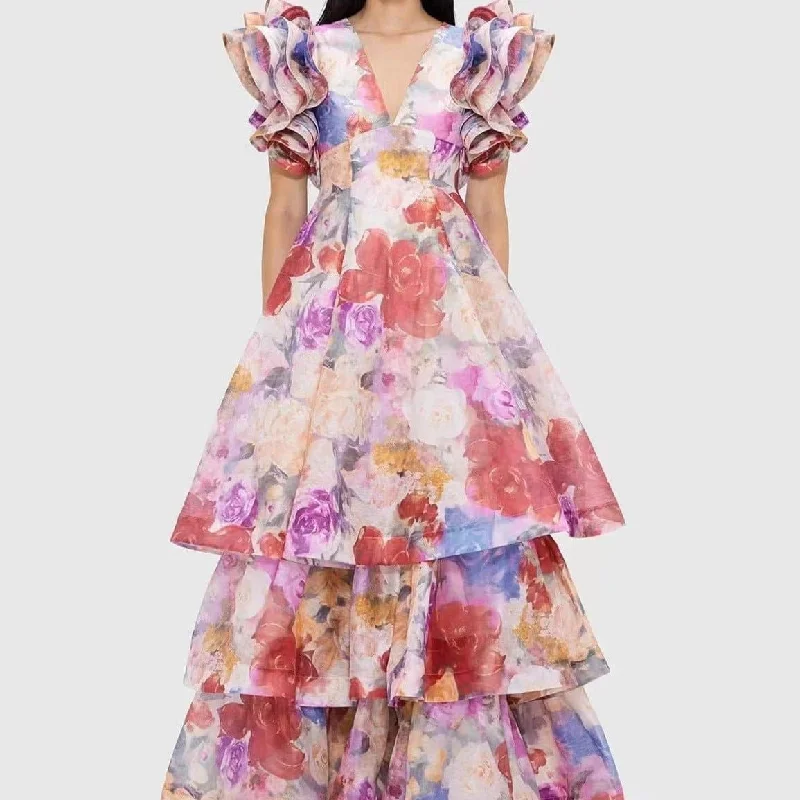 Sasha V-Neck Floral Layered Maxi Dress Elegant Maxi Dress with Drapes