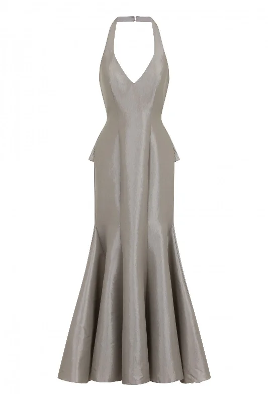 Scarlett Silver Taffeta Ruffle Backless Trumpet Maxi Dress Comfortable Maxi Dress with Sleeves
