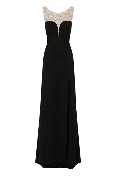 Seska Black Crystal Plunge Thigh Split Fishtail Maxi Dress Fashionable Button-Down Maxi Dress