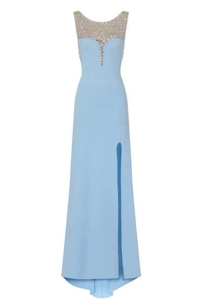 Seska Blue Crystal Plunge Thigh Split Fishtail Maxi Dress Elegant Tiered Maxi Dress
