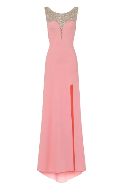 Seska Blush Crystal Plunge Thigh Split Fishtail Maxi Dress Fashionable Layered Maxi Dress