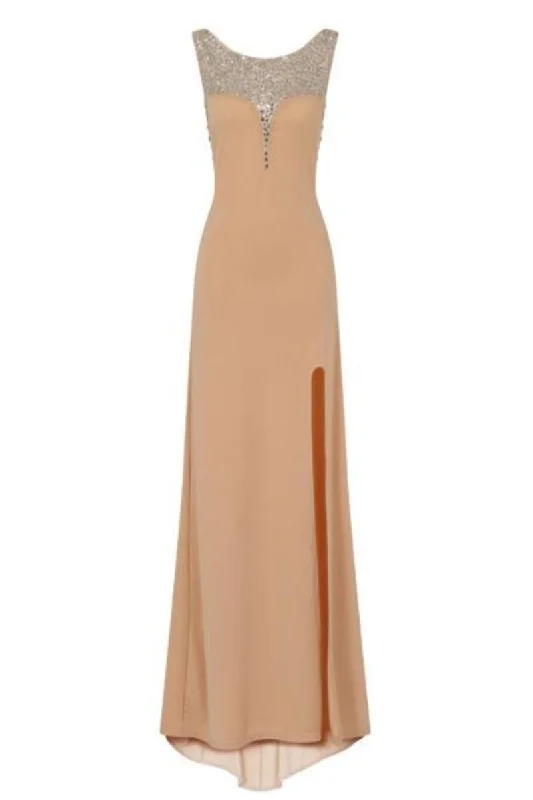 Seska Nude Crystal Plunge Thigh Split Fishtail Maxi Dress Trendy Maxi Dress with Straps