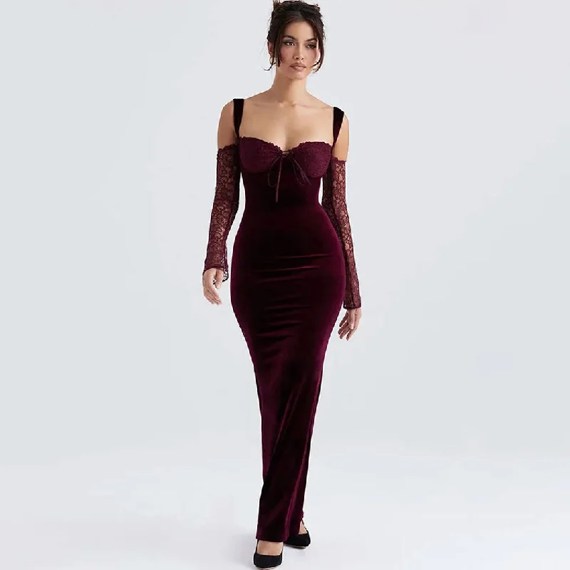 Sexy Lace Sweetheart Neck Bow Tie Velvet Mermaid Maxi Dress - Burgundy Cozy Cold-Shoulder Maxi Dress
