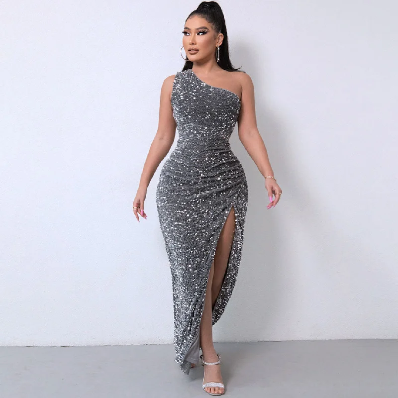 Shimmery Sequin High Split One Shoulder Gown Maxi Dress - Dark Gray Comfortable T-Shirt Maxi Dress Shimmery Sequin High Split One Shoulder Gown Maxi Dress - Dark Gray Comfortable T-Shirt Maxi Dress