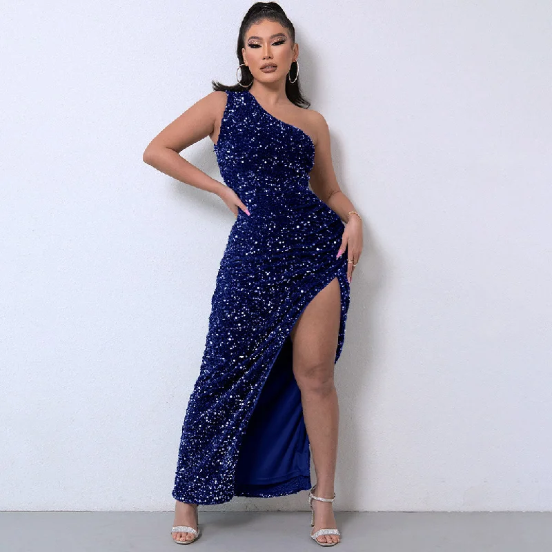 Shimmery Sequin High Split One Shoulder Gown Maxi Dress - Royal Blue Chic Sleeveless Maxi Dress Shimmery Sequin High Split One Shoulder Gown Maxi Dress - Royal Blue Chic Sleeveless Maxi Dress