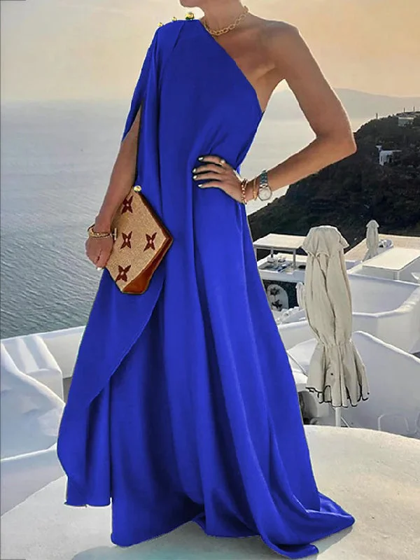 Zjkrl - Simple Asymmetric Solid Color One-Shoulder Maxi Dresses