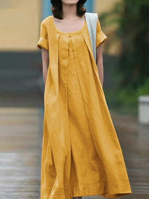 Zjkrl - Simple Solid Color U-Neck Pleated Short Sleeves Maxi Dress