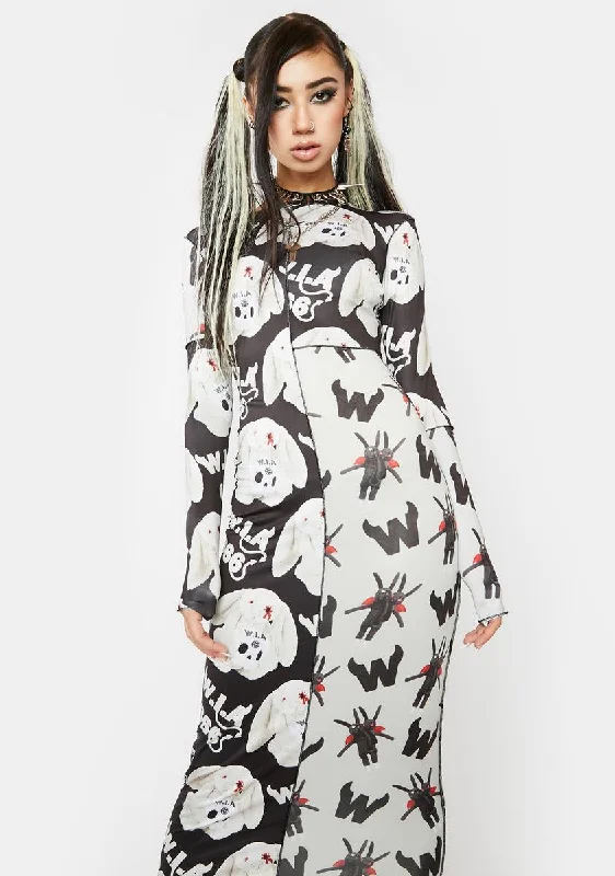 Skull Mixed Sleeves Maxi Dress Trendy A-Line Maxi Dress