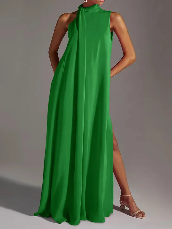 Zjkrl - Sleeveless Solid Color Split-Side Round-Neck Maxi Dresses