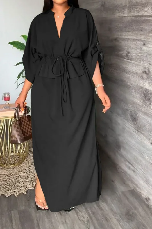 Solid Color Chic Lace-Up Maxi Dress Cozy Knitted Maxi Dress