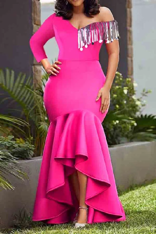 Solid Color Elegant Fishtail Maxi Dress Comfortable Maxi Dress with Belt
