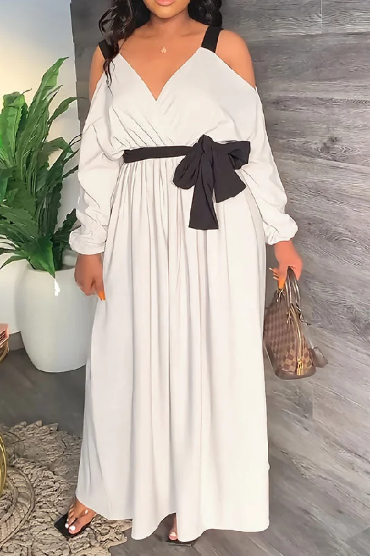 Solid Color Feminine Cold Shoulder Maxi Dress With Belt Fashionable Halter Neck Maxi Dress
