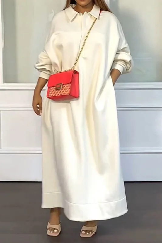 Solid Color Relaxed Polo Neck Maxi Dress Casual Maxi Dress with Pockets
