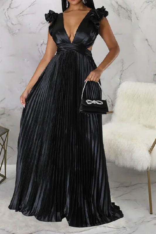 Solid Color Romantic Pleated Maxi Dress Fashionable Off-Shoulder Maxi Dress