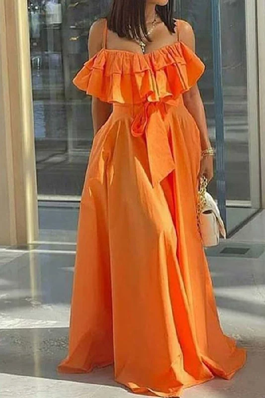 Solid Color Ruffle Stunning Lace-Up Maxi Dress Fashionable Off-Shoulder Maxi Dress