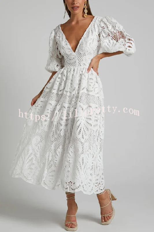 Solid Color V neck Hollow Lace Waistless Sexy Maxi Dress