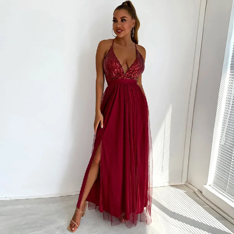 Sparkly Sequin Panel Mesh Deep V Backless Evening Maxi Dress - Burgundy Cozy Maxi Dress with Slit Sparkly Sequin Panel Mesh Deep V Backless Evening Maxi Dress - Burgundy Cozy Maxi Dress with Slit