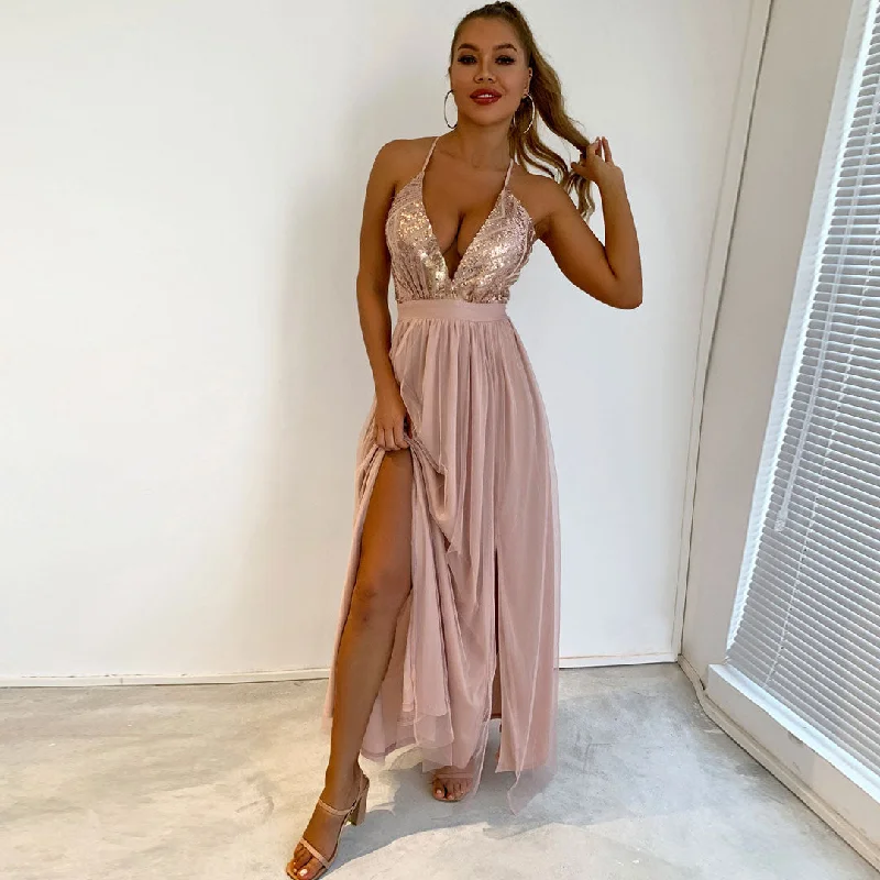 Sparkly Sequin Panel Mesh Deep V Backless Evening Maxi Dress - Champagne Comfortable T-Shirt Maxi Dress Sparkly Sequin Panel Mesh Deep V Backless Evening Maxi Dress - Champagne Comfortable T-Shirt Maxi Dress