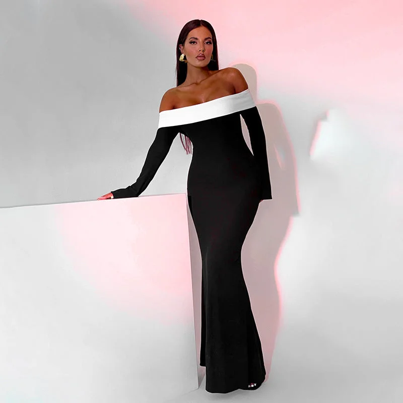 Strapless long-sleeved black maxi dress Fashionable Chiffon Maxi Dress