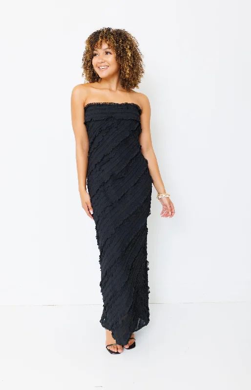 ENDLESS ROSE: Strapless Ruffled Maxi Dress, BLACK Elegant Maxi Dress with Ruffles