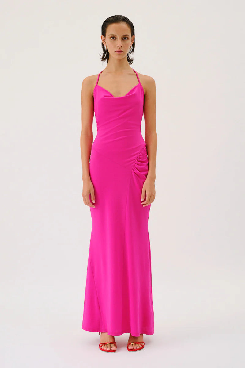 Suboo Garnet Deep Cowl Neck Maxi Dress - Hyper Pink Cozy Maxi Dress with Slit