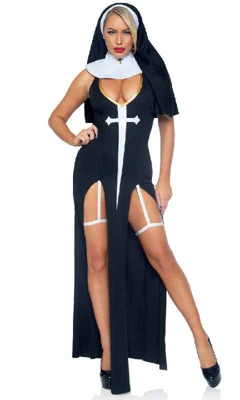 Sultry Sinner <br><span>Black White Gold Detail Sleeveless Plunge Neckline Dual Slit Garter Maxi Dress 3 Piece Halloween Costume</span> Stylish One-Shoulder Maxi Dress