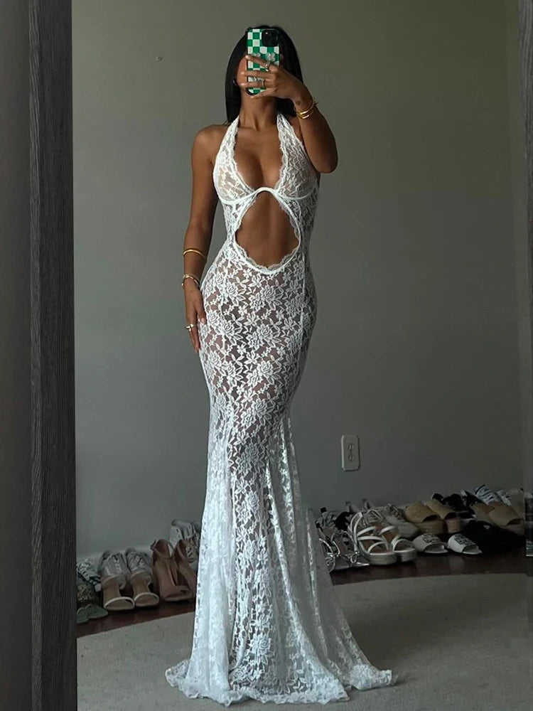 White Lace Printed Maxi Dress For Women Summer Sexy Backless See-Through Patchwork Beach Fashion Dress Female Long Dress Stylish Longline Maxi Dress