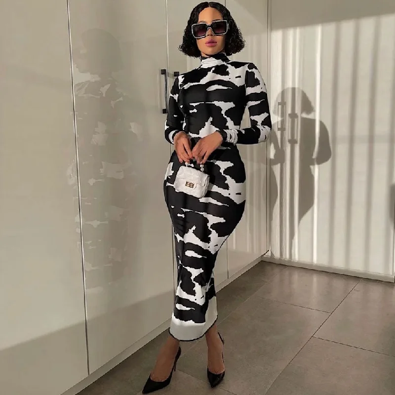 Trendy Cow Print Turtleneck Long Sleeve Bodycon Maxi Dress - Black Fashionable Maxi Dress with Fringe